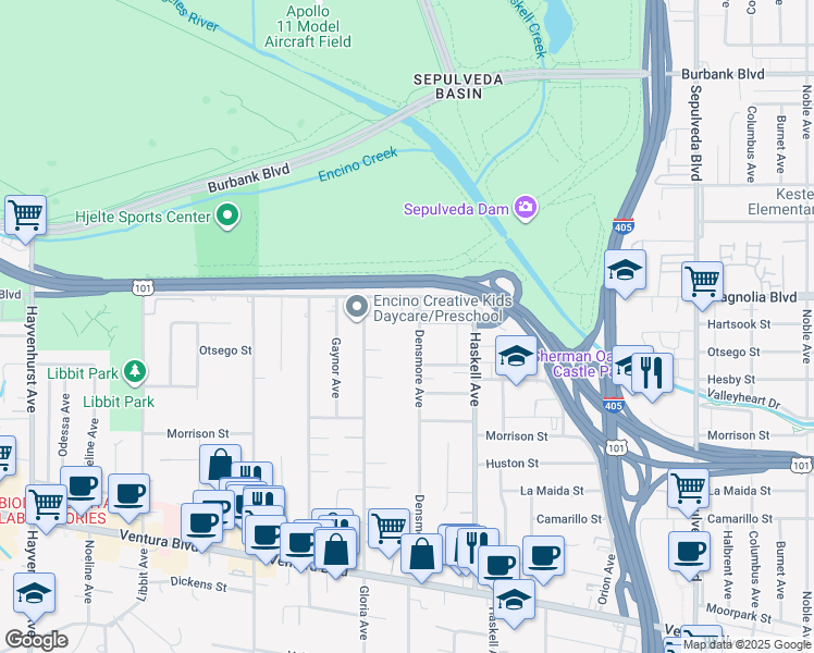 map of restaurants, bars, coffee shops, grocery stores, and more near 5161 Densmore Avenue in Los Angeles