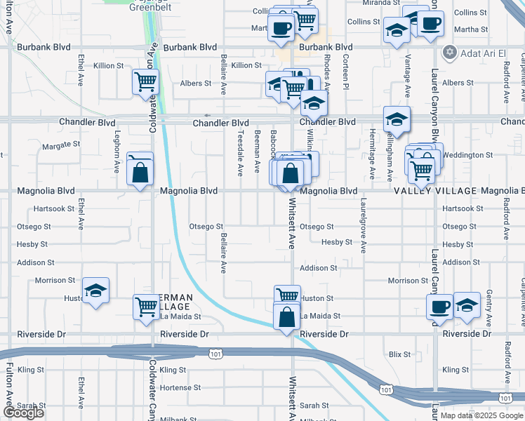 map of restaurants, bars, coffee shops, grocery stores, and more near 5122 Beeman Avenue in Los Angeles