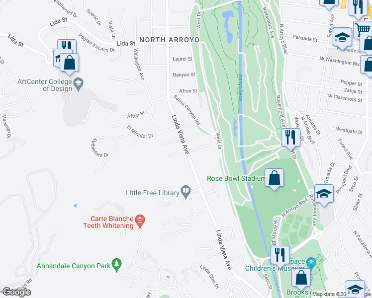 map of restaurants, bars, coffee shops, grocery stores, and more near Linda Vista Avenue in Pasadena