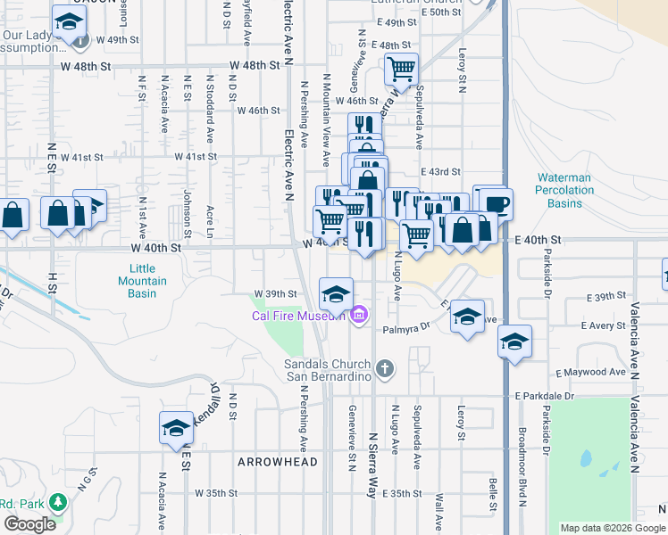 map of restaurants, bars, coffee shops, grocery stores, and more near 3970 Genevieve Street North in San Bernardino