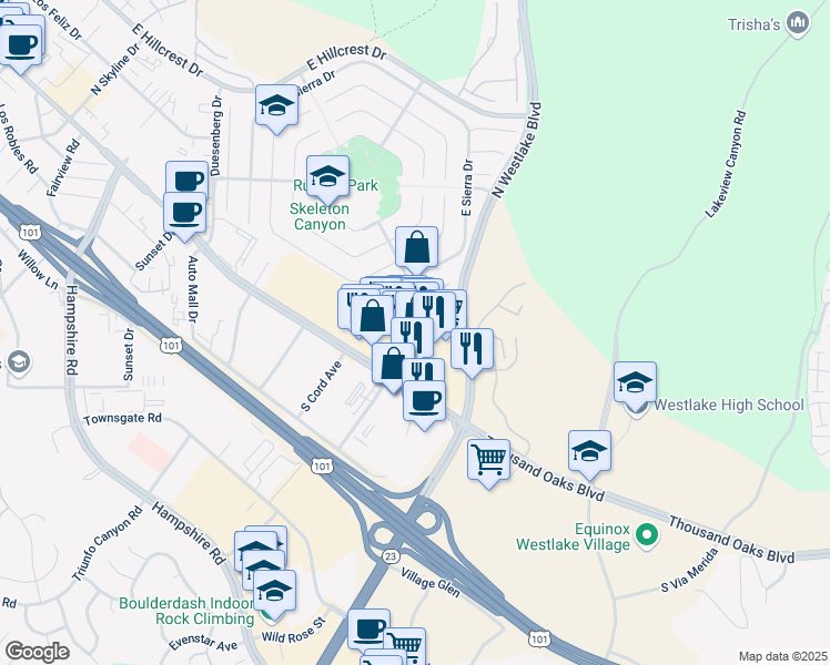 map of restaurants, bars, coffee shops, grocery stores, and more near 3835 Thousand Oaks Boulevard in Thousand Oaks