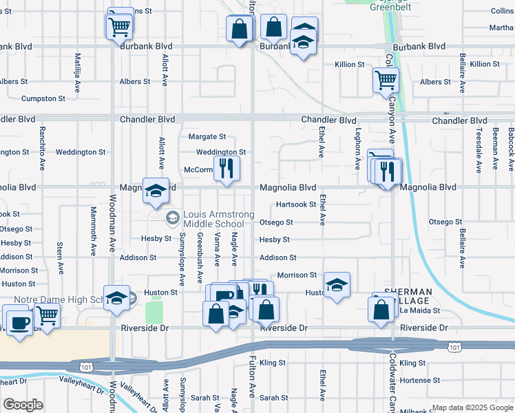 map of restaurants, bars, coffee shops, grocery stores, and more near 5128 Fulton Avenue in Los Angeles