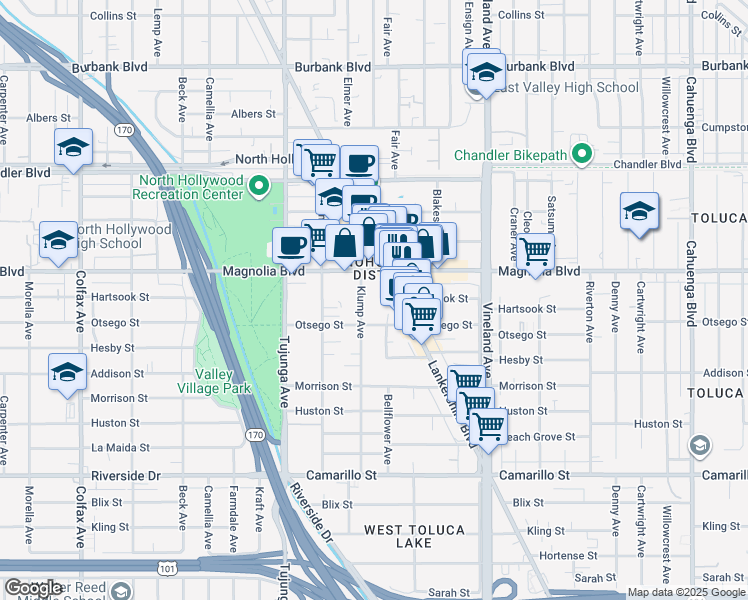 map of restaurants, bars, coffee shops, grocery stores, and more near 5130 Klump Avenue in Los Angeles