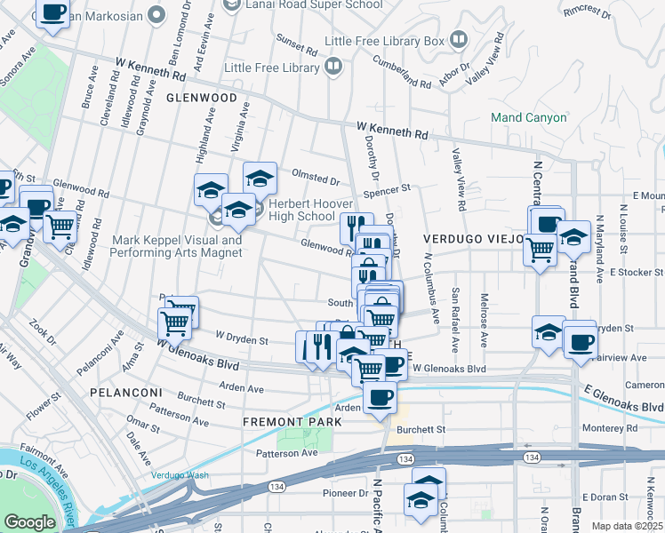 map of restaurants, bars, coffee shops, grocery stores, and more near 543 West Stocker Street in Glendale