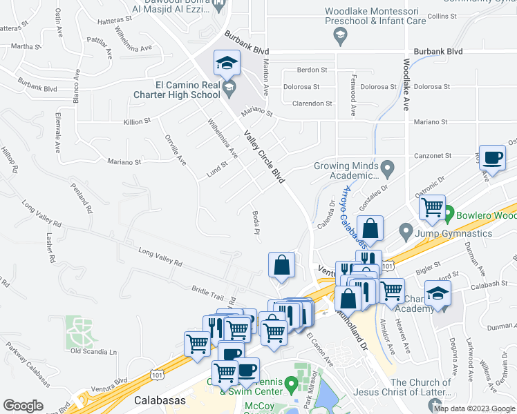 map of restaurants, bars, coffee shops, grocery stores, and more near 5134 Boda Place in Los Angeles