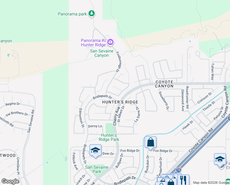 map of restaurants, bars, coffee shops, grocery stores, and more near 14815 Bugle Court in Fontana