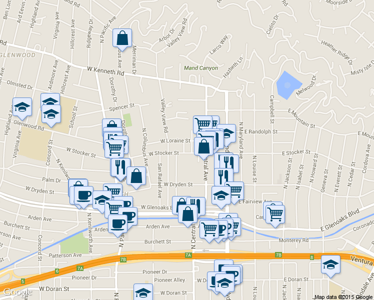 map of restaurants, bars, coffee shops, grocery stores, and more near 1201 Viola Avenue in Glendale