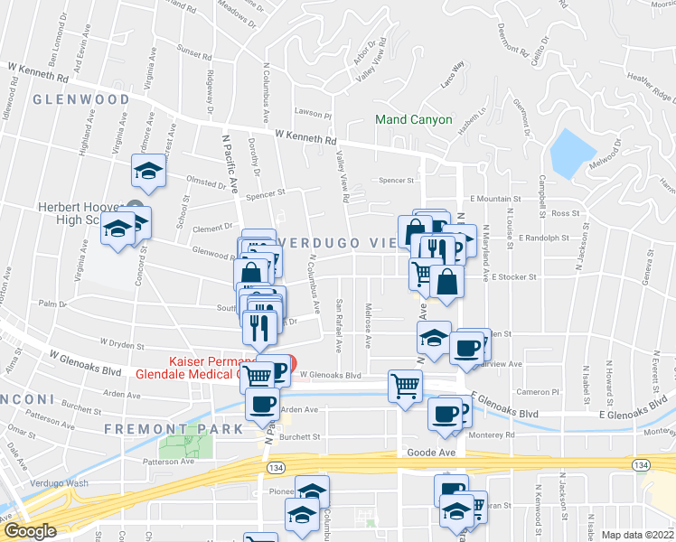 map of restaurants, bars, coffee shops, grocery stores, and more near 345 West Stocker Street in Glendale