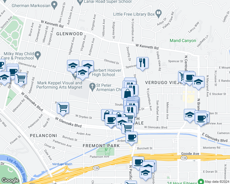 map of restaurants, bars, coffee shops, grocery stores, and more near 565 West Stocker Street in Glendale
