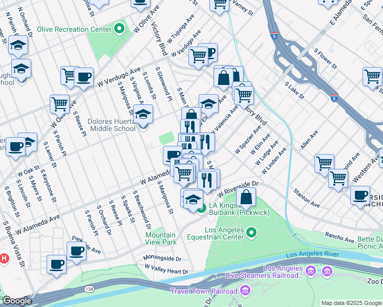 map of restaurants, bars, coffee shops, grocery stores, and more near 901 West Alameda Avenue in Burbank