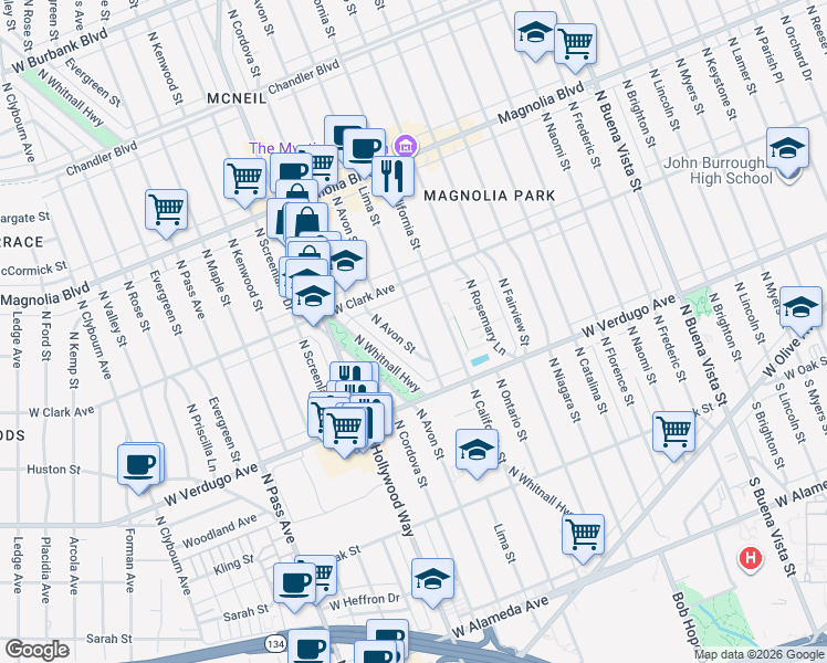 map of restaurants, bars, coffee shops, grocery stores, and more near 716 North Avon Street in Burbank