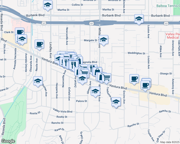 map of restaurants, bars, coffee shops, grocery stores, and more near 17815 Ventura Boulevard in Los Angeles