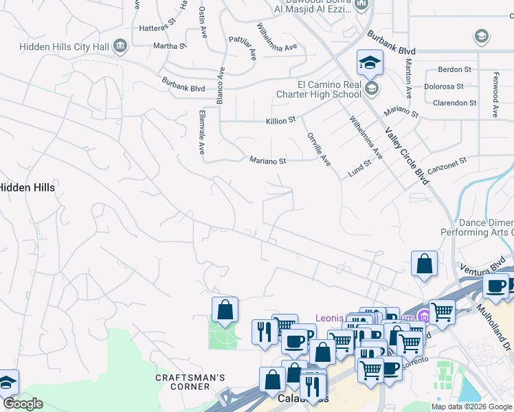 map of restaurants, bars, coffee shops, grocery stores, and more near 5798 Penland Road in Hidden Hills