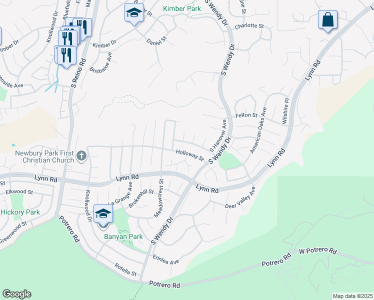 map of restaurants, bars, coffee shops, grocery stores, and more near 3391 Holloway Street in Thousand Oaks