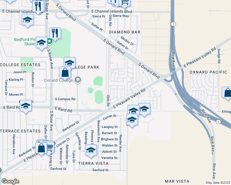 map of restaurants, bars, coffee shops, grocery stores, and more near 4022 Mockingbird Lane in Oxnard