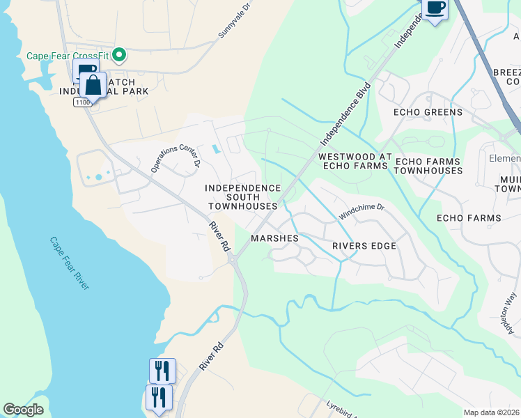 map of restaurants, bars, coffee shops, grocery stores, and more near 204 Hibiscus Way in Wilmington