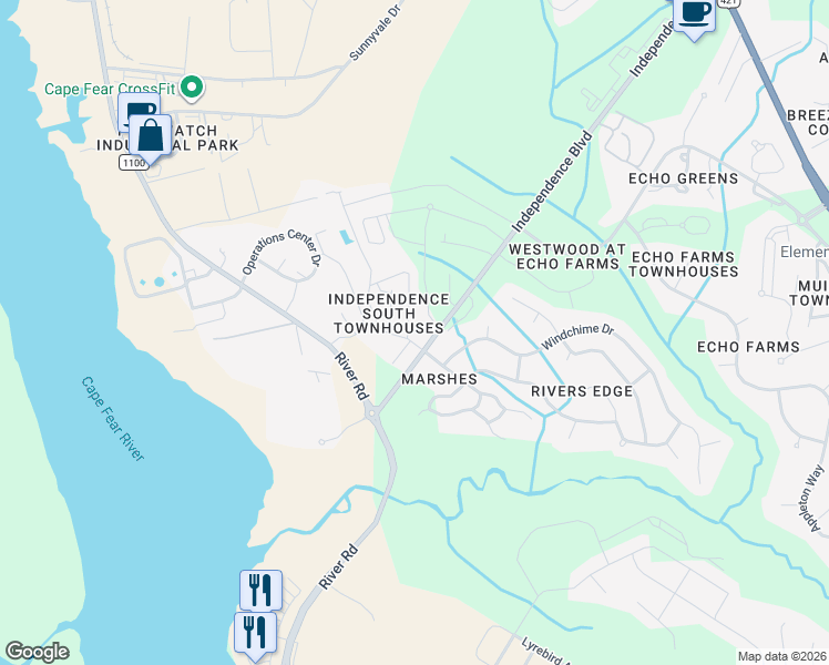 map of restaurants, bars, coffee shops, grocery stores, and more near 204 Hibiscus Way in Wilmington