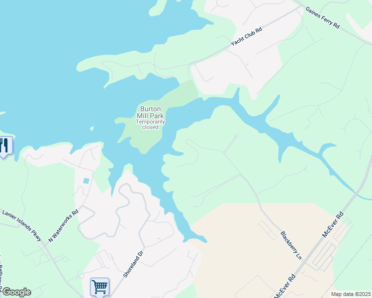 map of restaurants, bars, coffee shops, grocery stores, and more near 6041 Blackberry Lane in Buford
