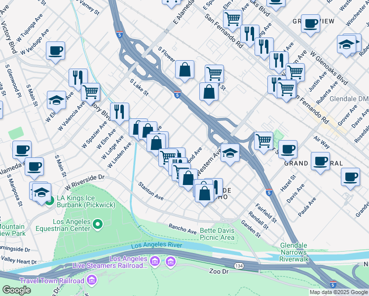 map of restaurants, bars, coffee shops, grocery stores, and more near 410 Thompson Avenue in Glendale