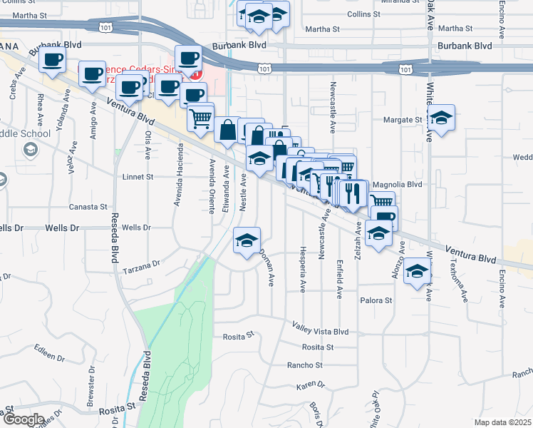 map of restaurants, bars, coffee shops, grocery stores, and more near 5131 Chimineas Avenue in Los Angeles