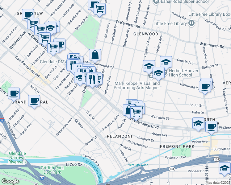 map of restaurants, bars, coffee shops, grocery stores, and more near 1134 Graynold Avenue in Glendale