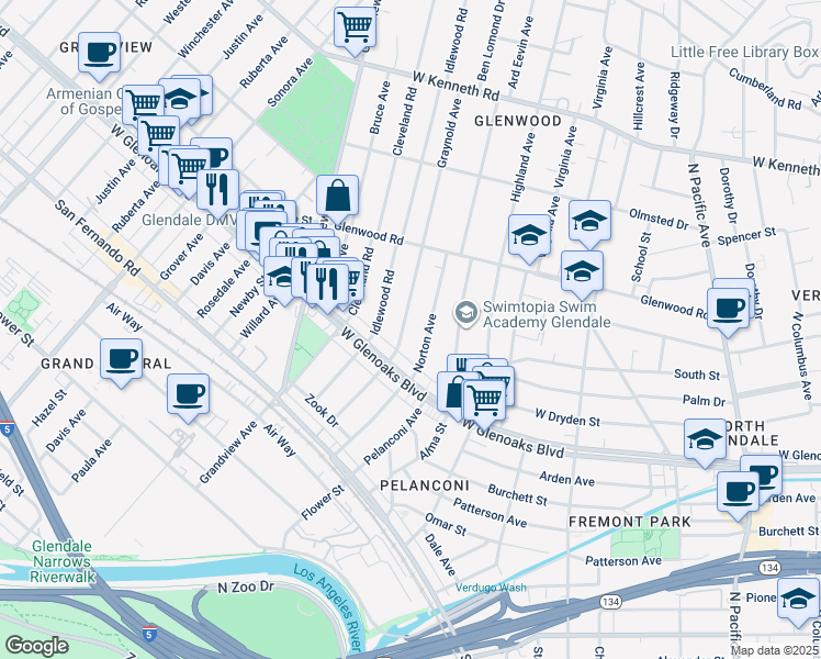 map of restaurants, bars, coffee shops, grocery stores, and more near 1134 Graynold Avenue in Glendale