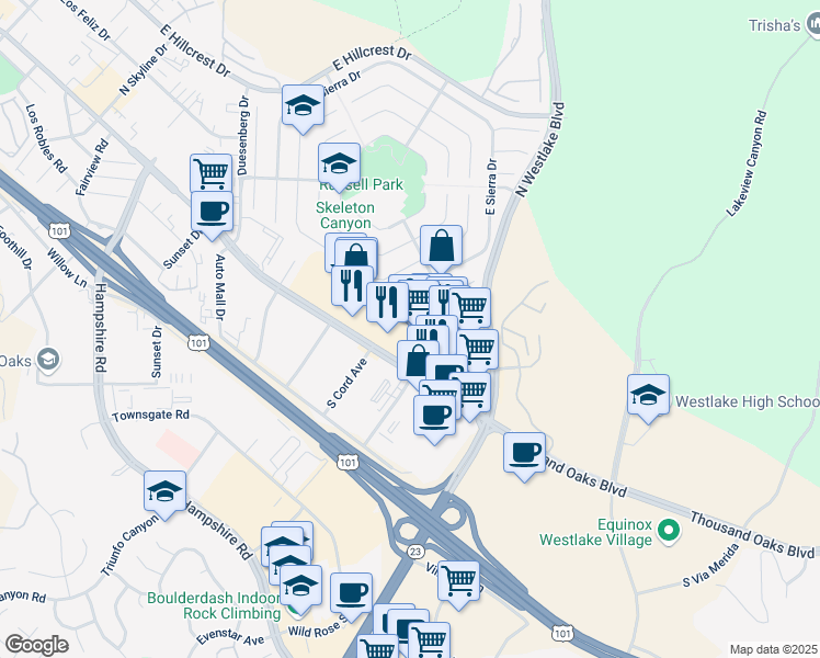 map of restaurants, bars, coffee shops, grocery stores, and more near 3835 Thousand Oaks Boulevard in Thousand Oaks