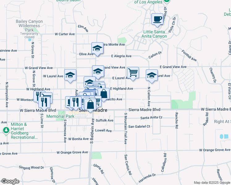 map of restaurants, bars, coffee shops, grocery stores, and more near 126 East Highland Avenue in Sierra Madre