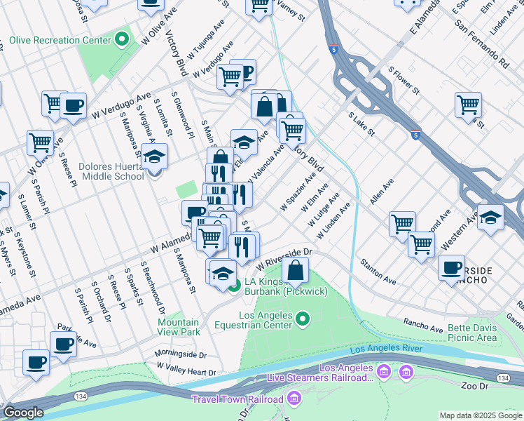 map of restaurants, bars, coffee shops, grocery stores, and more near 419 West Alameda Avenue in Burbank