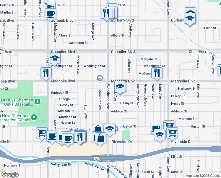 map of restaurants, bars, coffee shops, grocery stores, and more near 5130 Woodman Avenue in Los Angeles