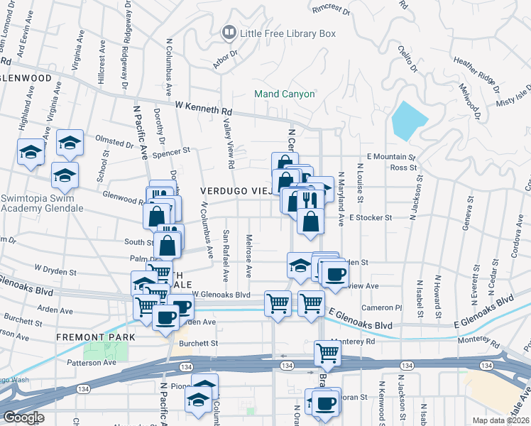 map of restaurants, bars, coffee shops, grocery stores, and more near in Glendale