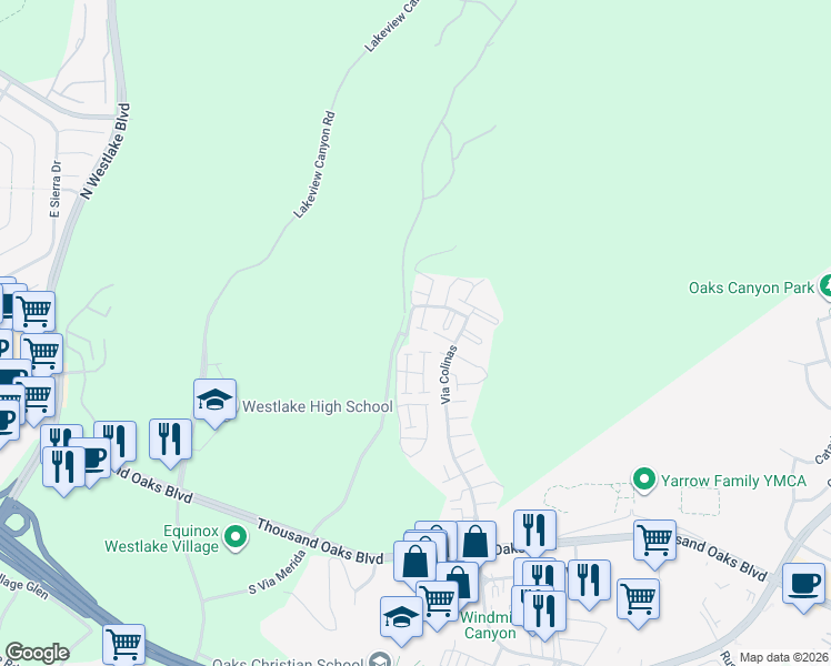 map of restaurants, bars, coffee shops, grocery stores, and more near 785 Via Colinas in Westlake Village