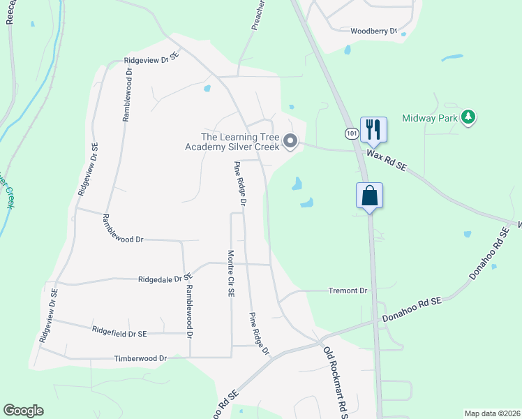 map of restaurants, bars, coffee shops, grocery stores, and more near 1168 Old Rockmart Road Southeast in Silver Creek