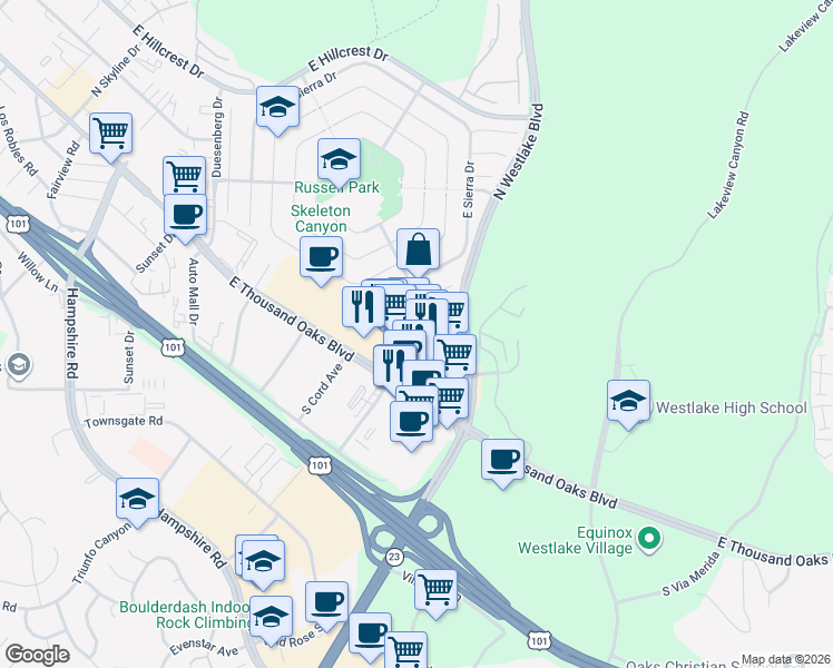 map of restaurants, bars, coffee shops, grocery stores, and more near 3835 Thousand Oaks Boulevard in Thousand Oaks