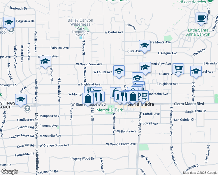 map of restaurants, bars, coffee shops, grocery stores, and more near 111 North Hermosa Avenue in Sierra Madre