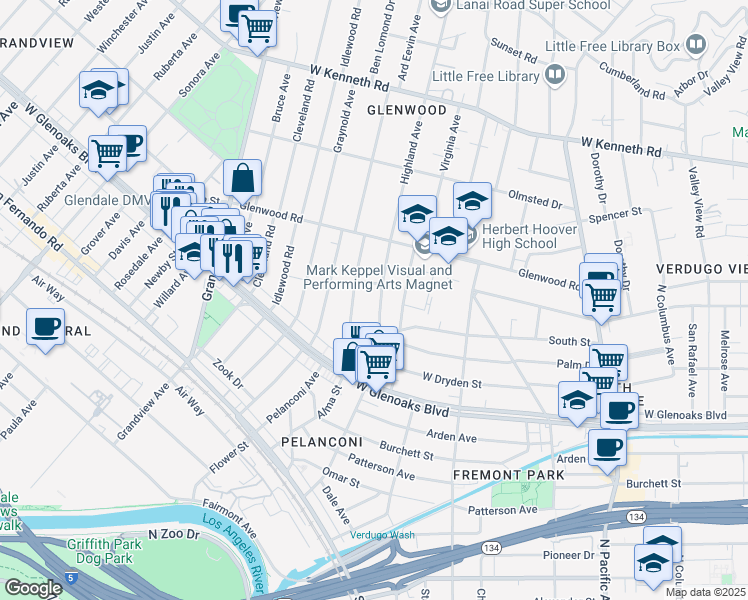map of restaurants, bars, coffee shops, grocery stores, and more near 1203 Highland Avenue in Glendale