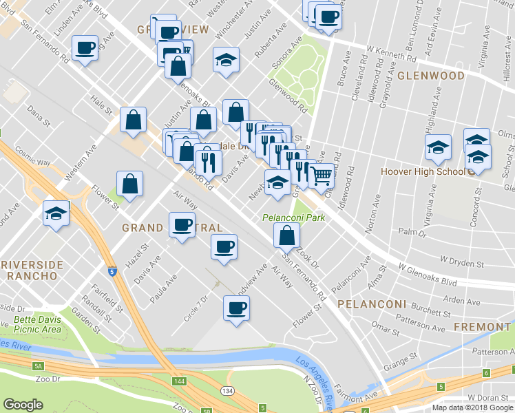 map of restaurants, bars, coffee shops, grocery stores, and more near 1021 Willard Avenue in Glendale