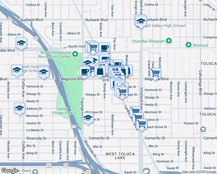 map of restaurants, bars, coffee shops, grocery stores, and more near 5130 Klump Avenue in Los Angeles