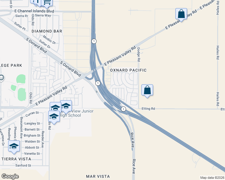 map of restaurants, bars, coffee shops, grocery stores, and more near 4100 Ranchita Lane in Oxnard