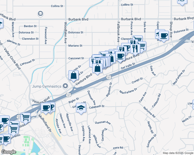 map of restaurants, bars, coffee shops, grocery stores, and more near 23023 Del Valle Street in Los Angeles