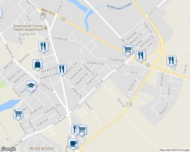 map of restaurants, bars, coffee shops, grocery stores, and more near 301 Virginia Avenue in Greenwood