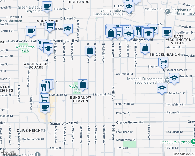 map of restaurants, bars, coffee shops, grocery stores, and more near 1036 North Chester Avenue in Pasadena