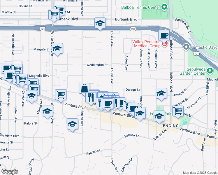 map of restaurants, bars, coffee shops, grocery stores, and more near 5125 Louise Avenue in Los Angeles
