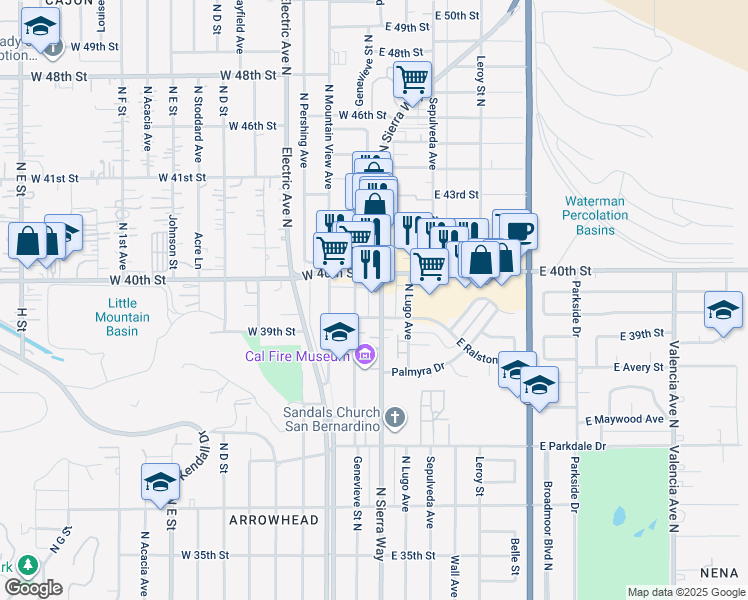 map of restaurants, bars, coffee shops, grocery stores, and more near 3964 North Sierra Way in San Bernardino