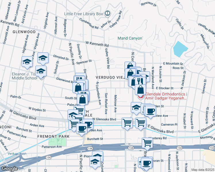 map of restaurants, bars, coffee shops, grocery stores, and more near 327 West Stocker Street in Glendale