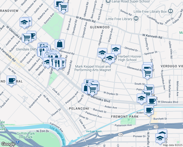 map of restaurants, bars, coffee shops, grocery stores, and more near 1203 Highland Avenue in Glendale