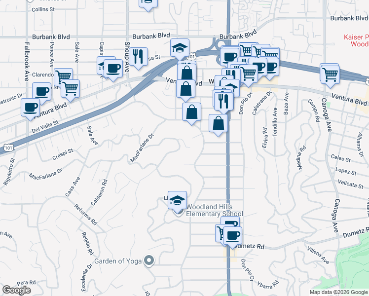 map of restaurants, bars, coffee shops, grocery stores, and more near 22228 Miston Drive in Los Angeles