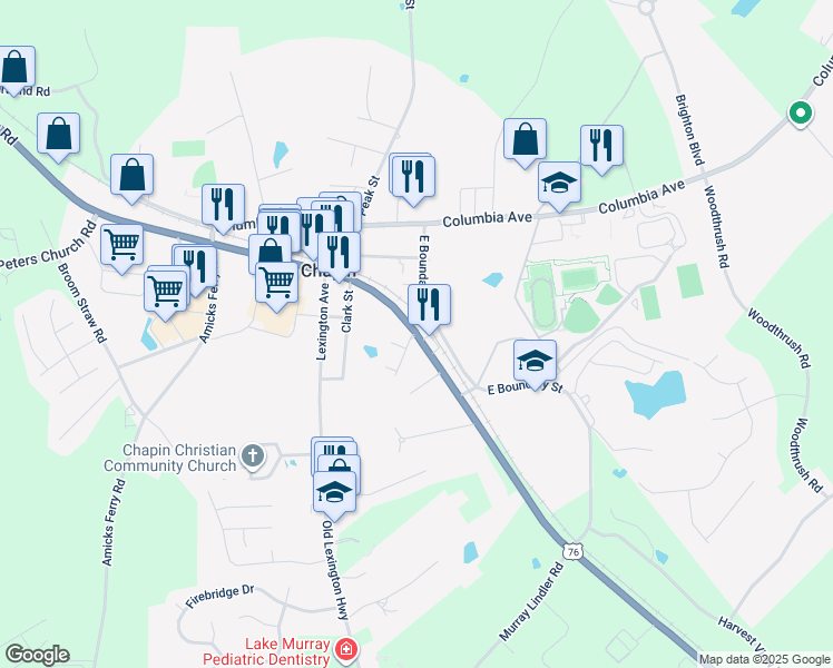 map of restaurants, bars, coffee shops, grocery stores, and more near Chapin Road in Chapin