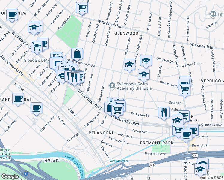 map of restaurants, bars, coffee shops, grocery stores, and more near 1168 Alma Street in Glendale