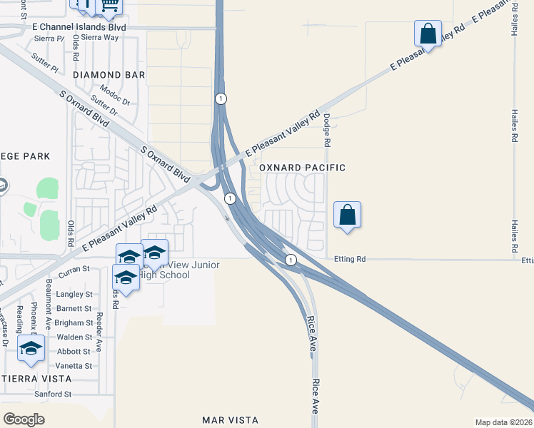map of restaurants, bars, coffee shops, grocery stores, and more near 4100 Ranchita Lane in Oxnard